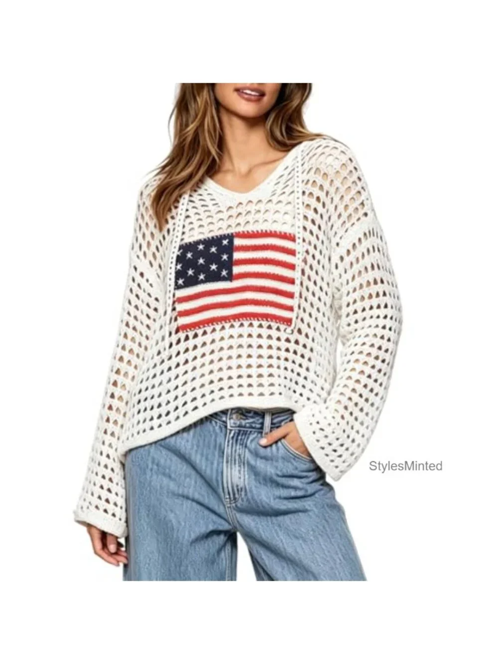 American Flag Crochet Hoodie Long Sleeve Hollow Out Knit Sweater Beach Cover Up